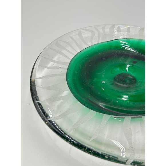 Green Art Glass Decorative Plate Dish Hand Made & Etched Clear Green Swirled - Picture 4 of 10